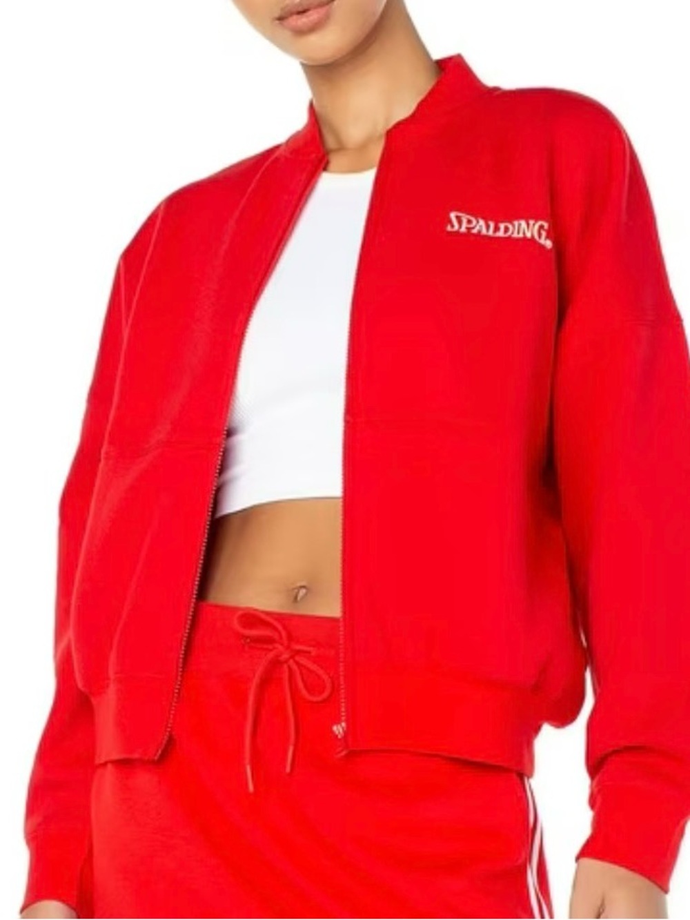 Spalding Women's Zip Up Fleece Activewear Bomber Jacket with Pockets Red Size M